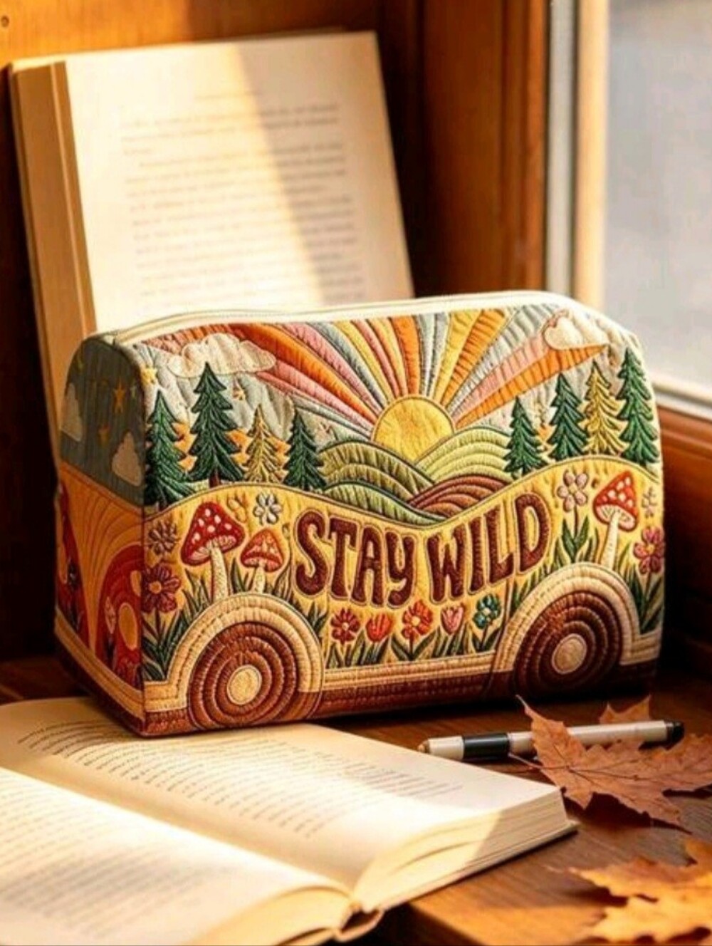 Mountain Sunrise Stay Wild Makeup Bag Multicolor Zip Closure Country Retro Bus